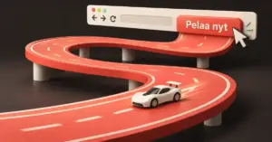 Selaimen Pelaa nyt -painikkeesta avautuu korallinpunainen kilparata, jolla valkoinen auto kiitää kuvastaen selainpelin välitöntä käynnistymistä.